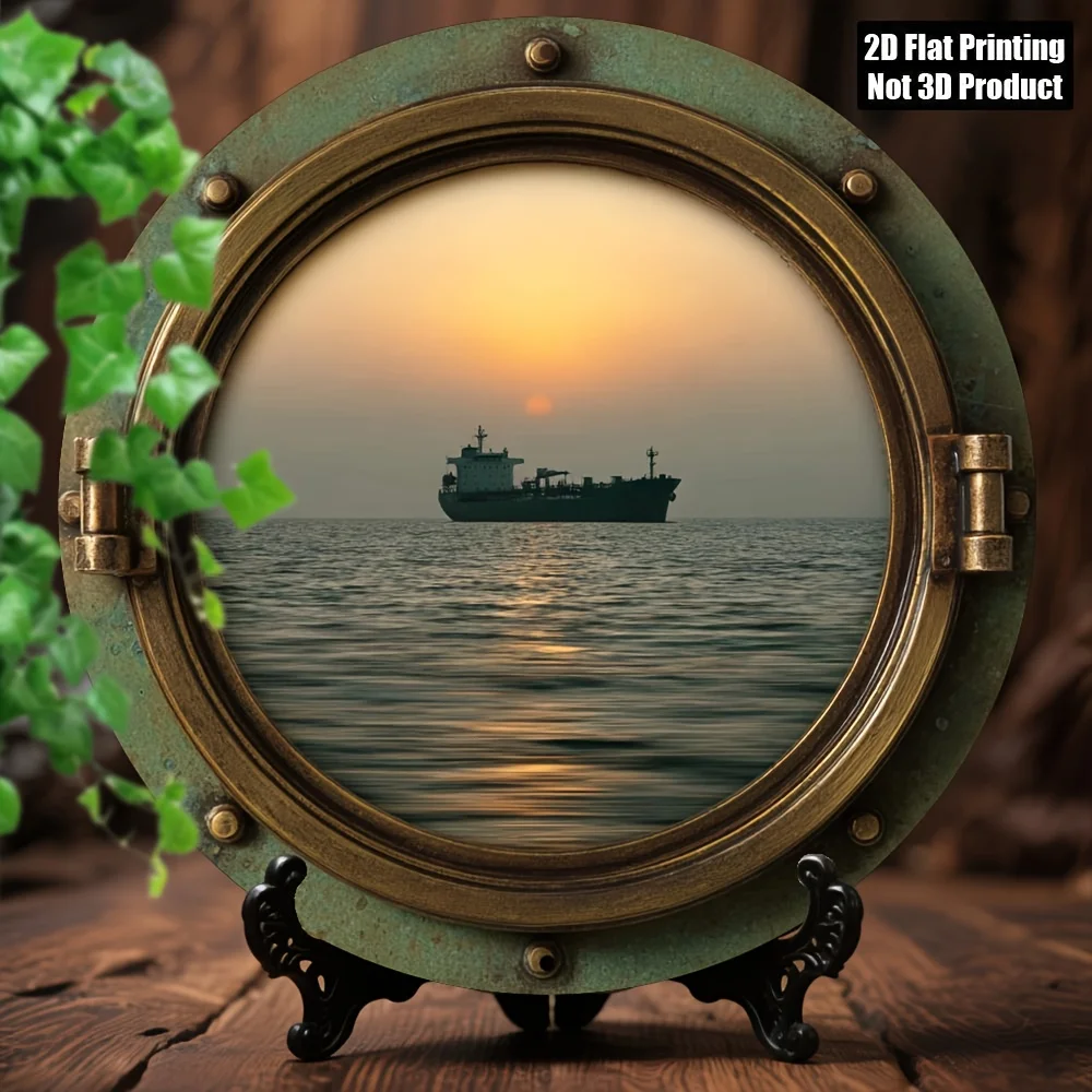 2D Flat, 1pc Vintage Nautical Ship & Maritime Wall Art - 8-Inch Round Aluminum Metal Wall-Mounted Porthole Window Frame Replica