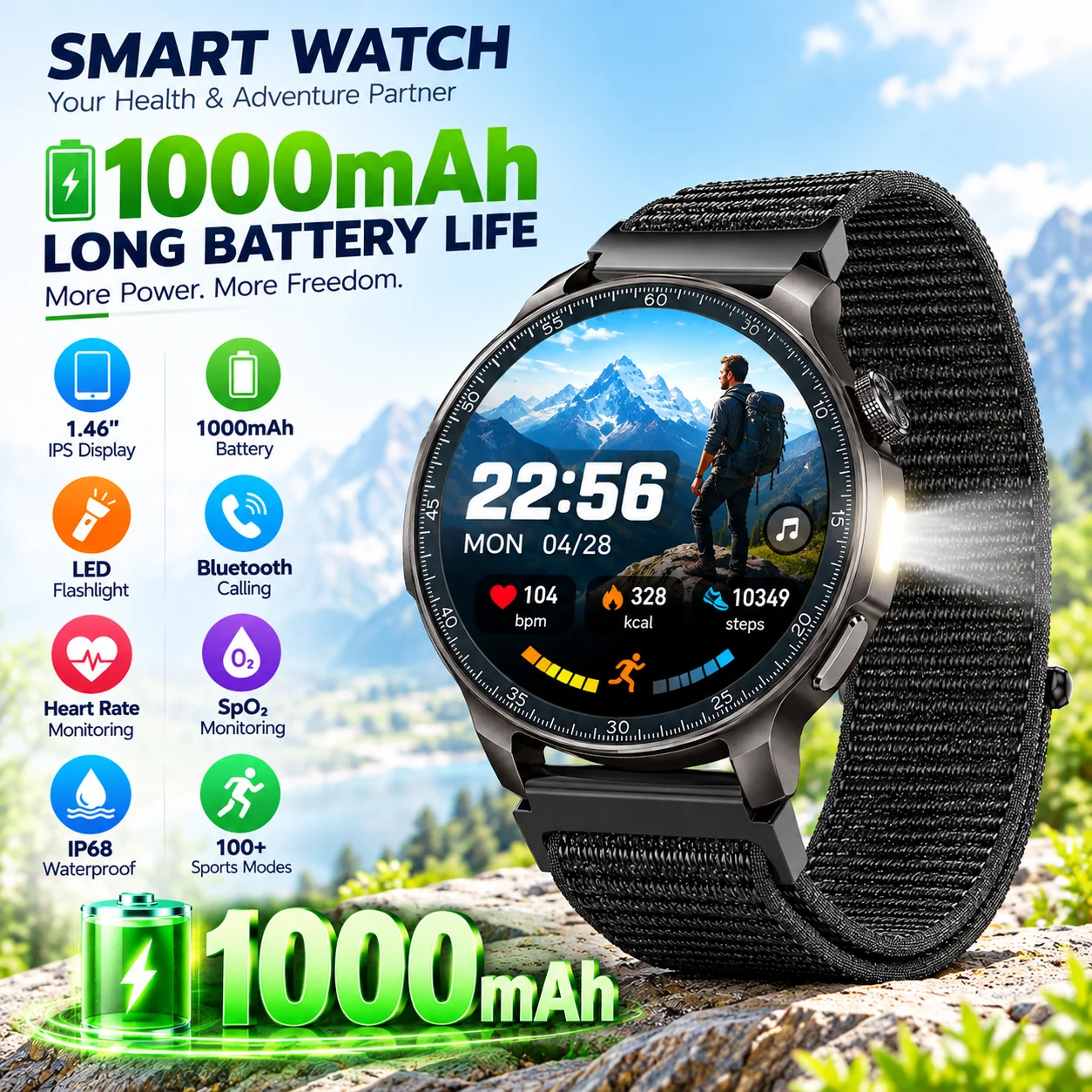 LIGE Militray 1000mAh High-Capacity Battery Smart Watches 1.46 inch HD BT Call Heart Rate Monitor Men Smartwatch For Android ios