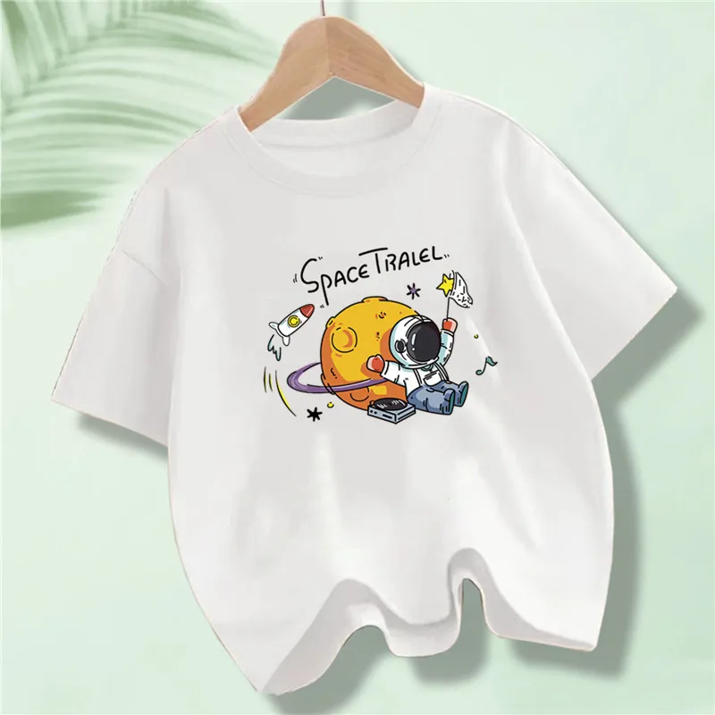 Kids Explore Space Astronaut Prints T-Shirt Boys Fashion Cotton T-Shirts Hip Hop Casual Cotton Tops