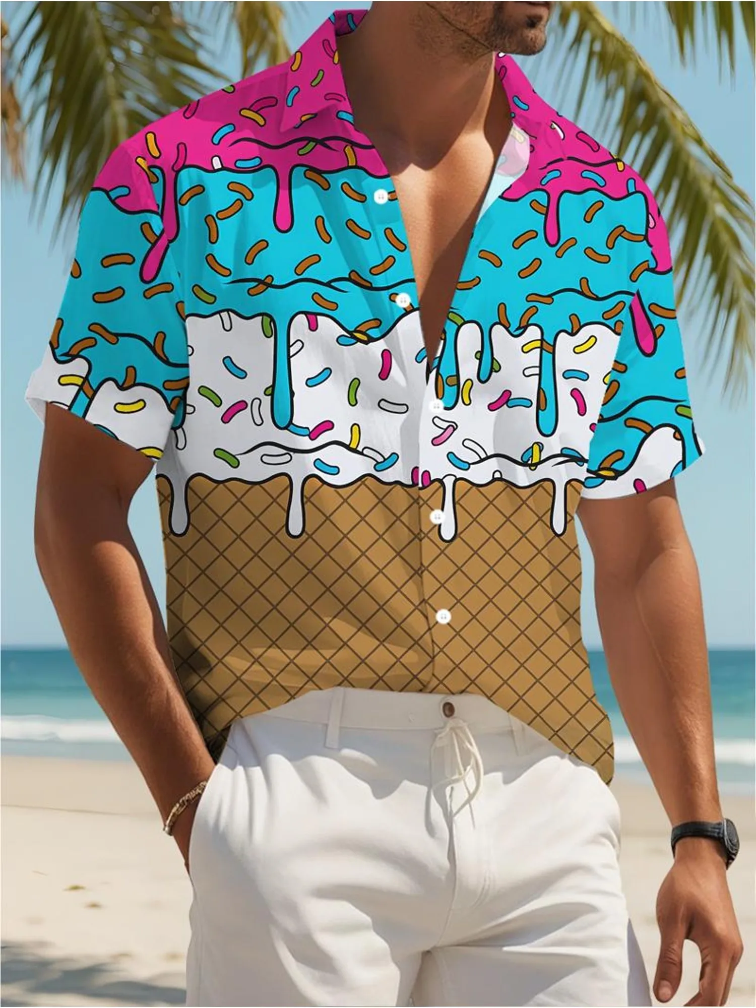 Men's Cartoon Ice Cream Donut Sprinkle Print Short Sleeve Lapel Shirt Summer Beach Fun Casual Mens Clothing