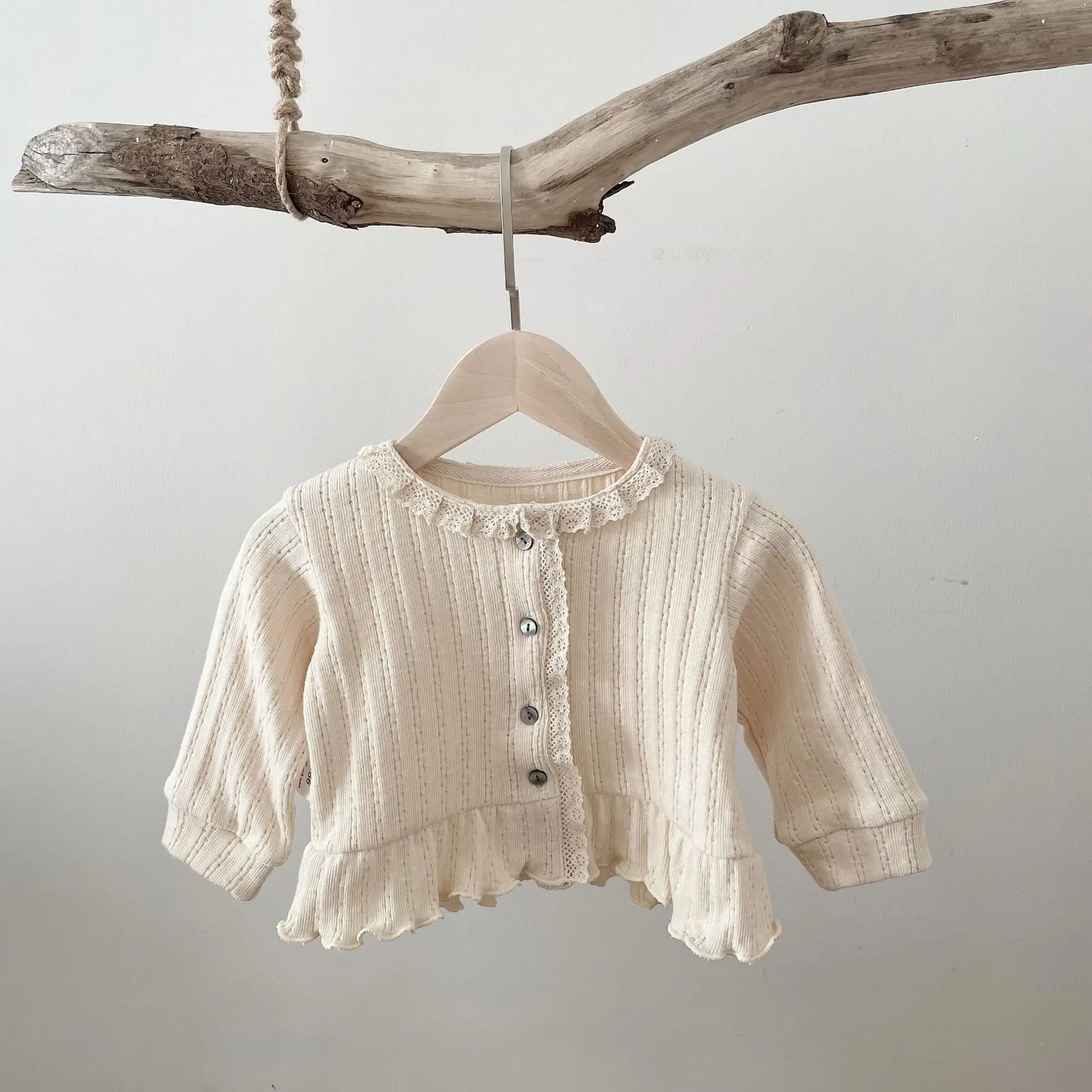 2024 Spring Ins Girl Baby Lace Long Sleeves Cardigans Solid Newborn Ruffle Casual Coat Sweet Infant Cotton Jacket Kids Clothes