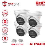 Anpviz 4Pcs 4K POE IP Turret Camera Outdoor 24/7 ColorVU Video Surveillance IP67 Built-sd Card slot H.265 Audio Motion Detection