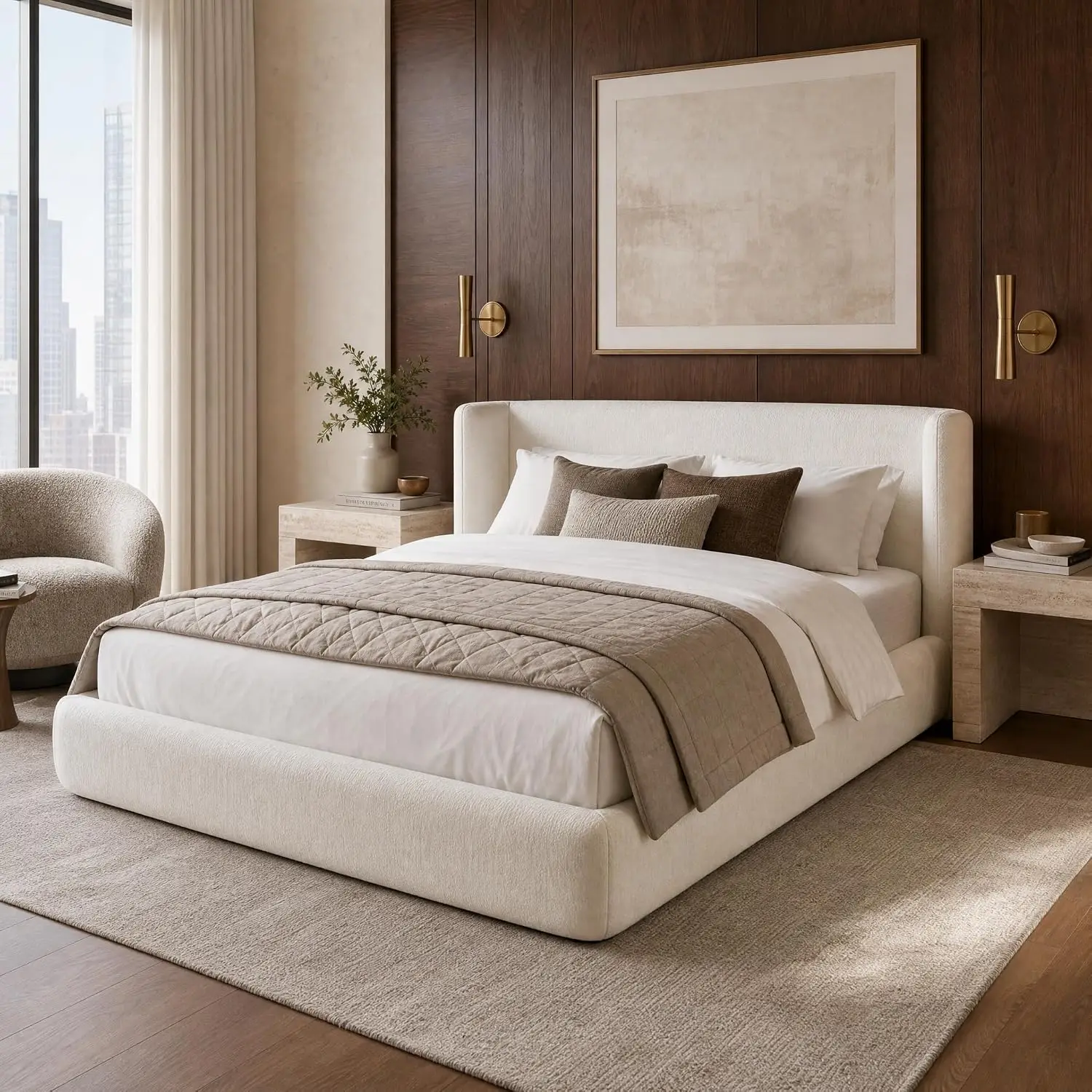 Queen Size Upholstered Cloud Bed Frame with Wingback Headboard Beige | Cloud Bed Frame, Compressed Foam Upholstery,, Customized