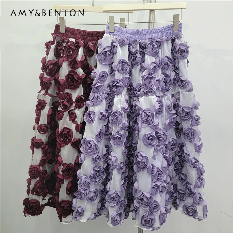 

Женская полуюбка с 3D цветком розы, новинка 2025 года, фиолетовая, уменьшающая возраст, универсальные длинные юбки с высокой талией и эластичной резинкой на талии