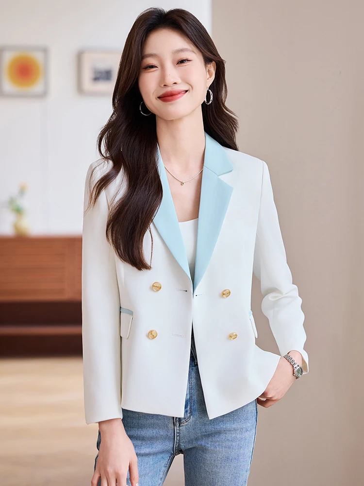 White Short Women's  Jacket 2026 New Spring High-End Color Block Fashionable Commute Style Polyester Fiber Long Sleeve