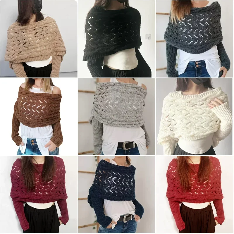 Autumn Winter Off-shoulder Hollow Knitted Women's Shawl Fashion Elegant Outer Wear Female Sweater Shawl Long Sleeves 2025