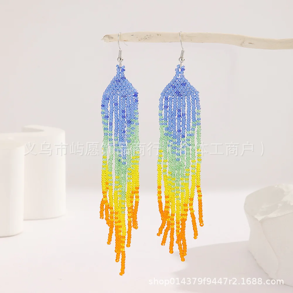 Rice bead earrings Tassel Gradient Originality Hand knitting Bohemia Alloy Fashion Simple Beaded earrings