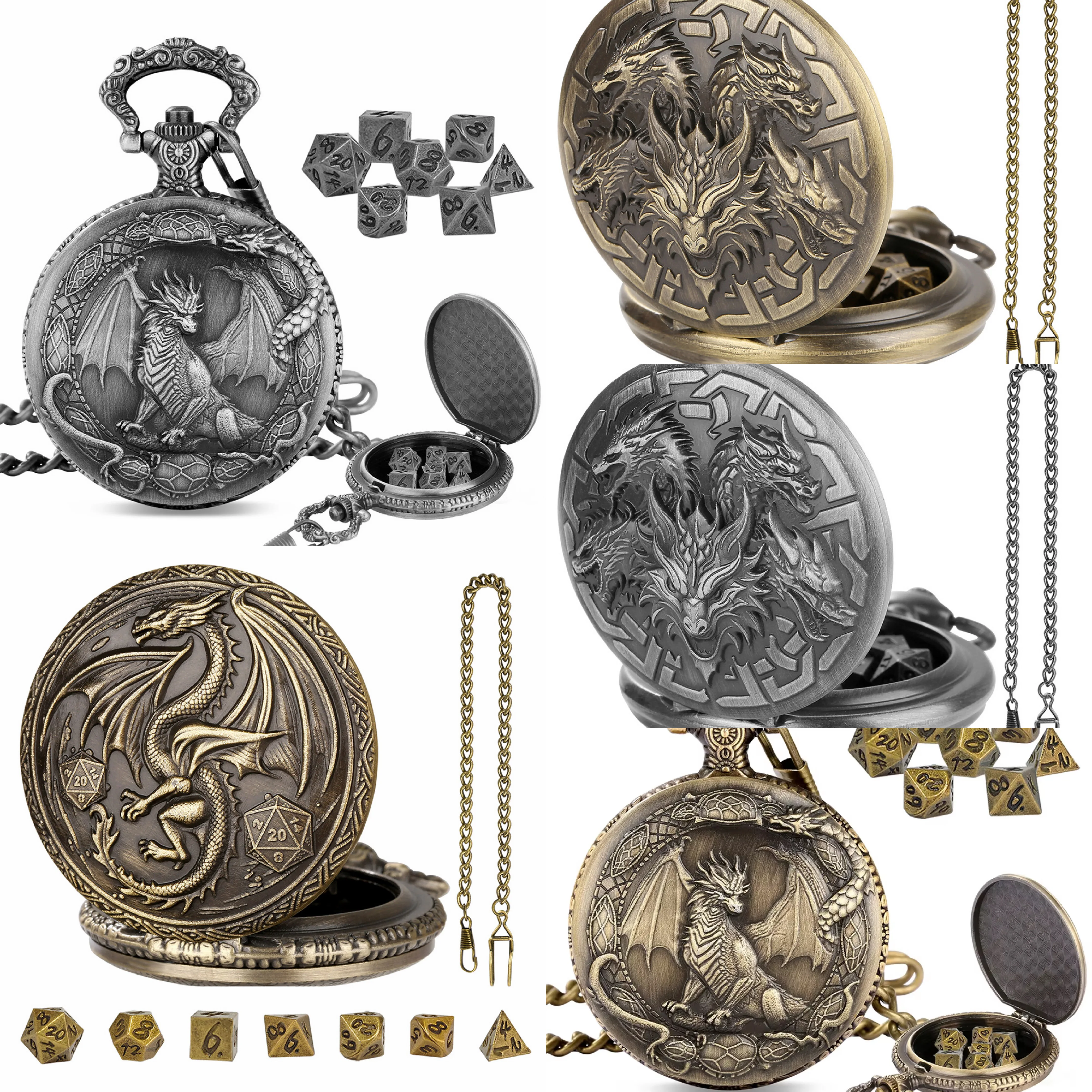 5PCS Dragon Embossed Pocket Watch with 35PCS Mini Metal Polyhedral Dice Set, Vintage RPG DnD Dungeons and Dragons Gaming Dice