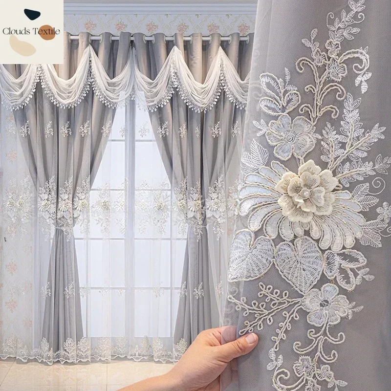 

New European Blackout Embroidery Double Curtains for Living Dining Room Bedroom High-grade Floor Window Embossed Yarn Customise