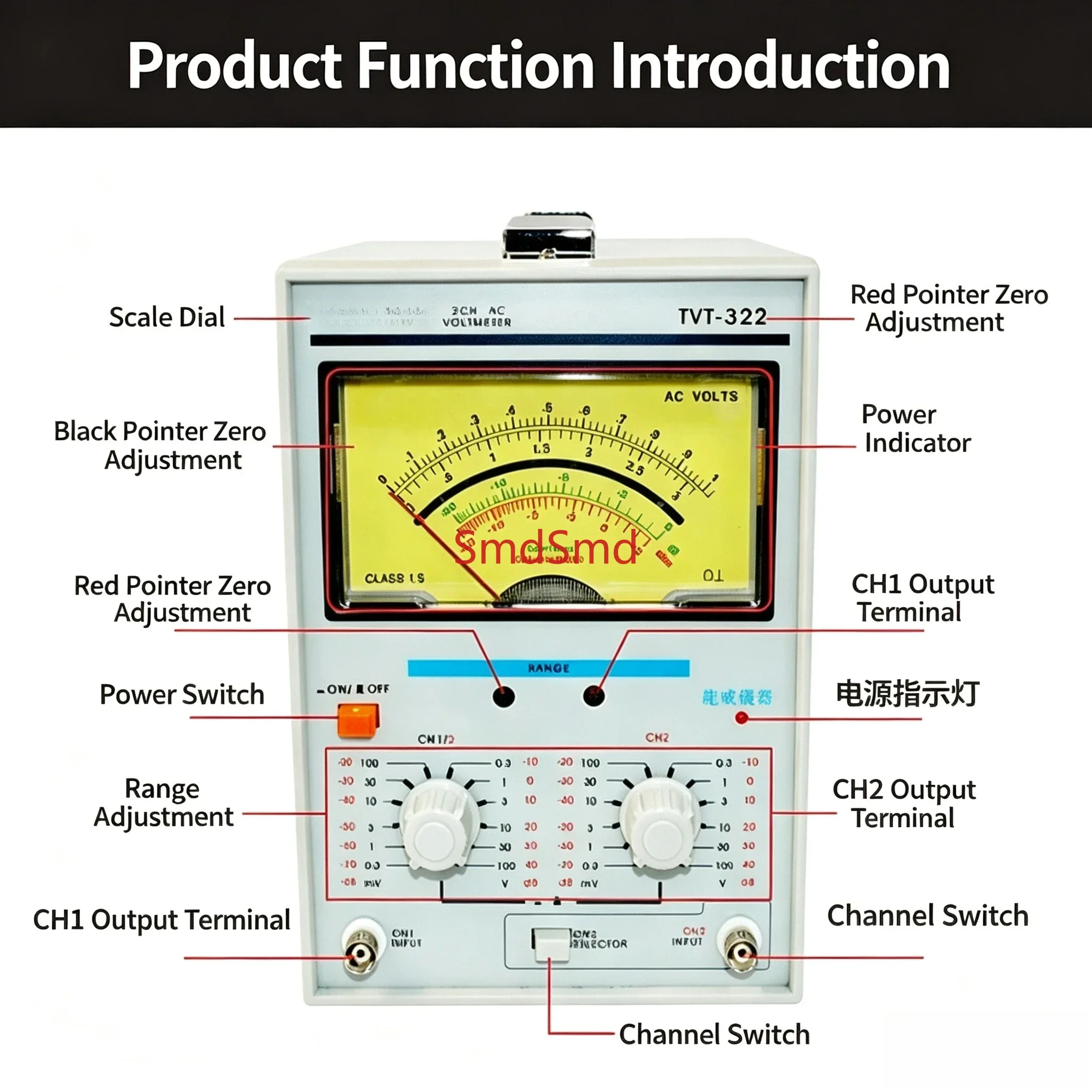 TVT-321 TVT-322 AC Single-pointer Double-pointer Millivoltmeter High-precision Dual-channel Voltmeter 50/60HZ