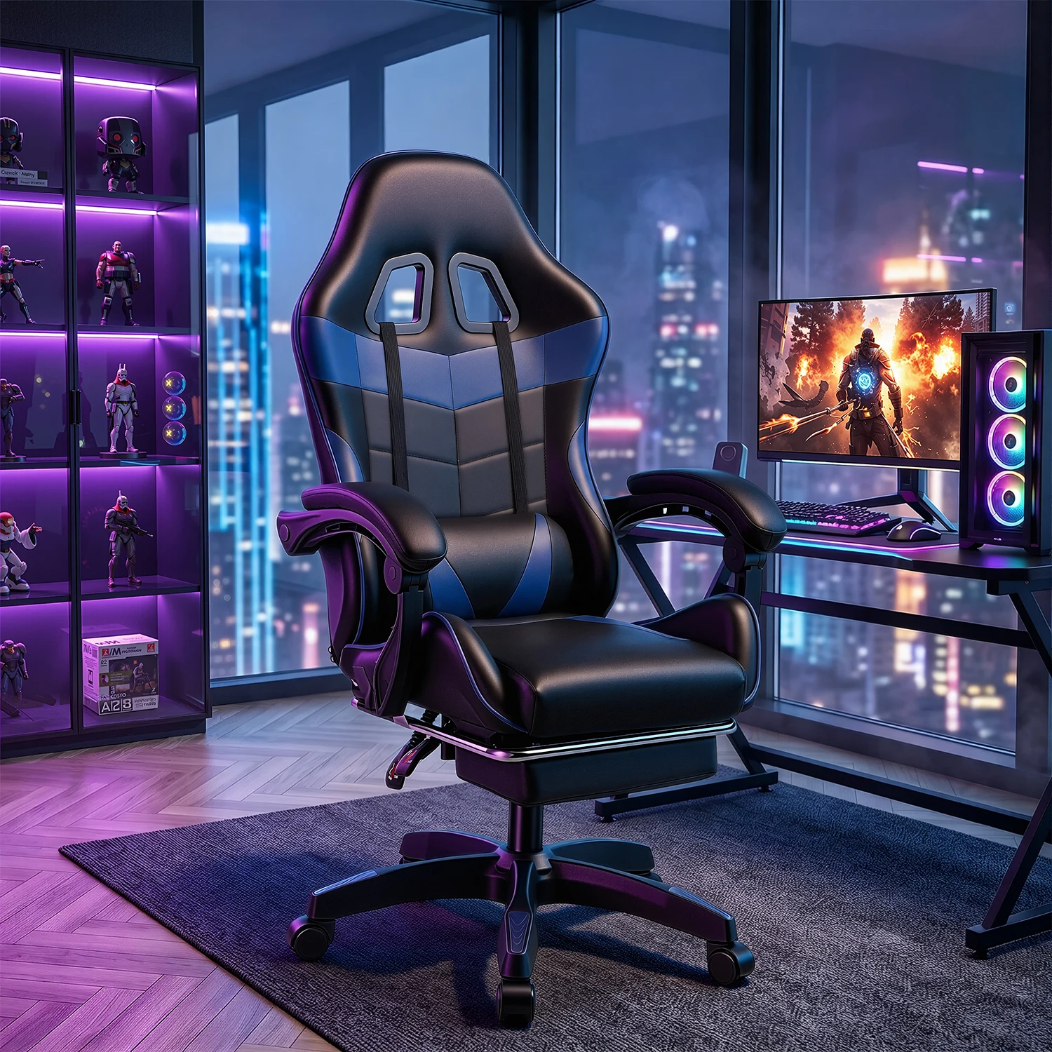 Bürostuhl, Gaming-Stuhl, ergonomischer Gaming-Stuhl (mit Fußstütze), Lendenwirbelstütze, gepolsterter Gaming-Stuhl, belastbar bis 150 kg