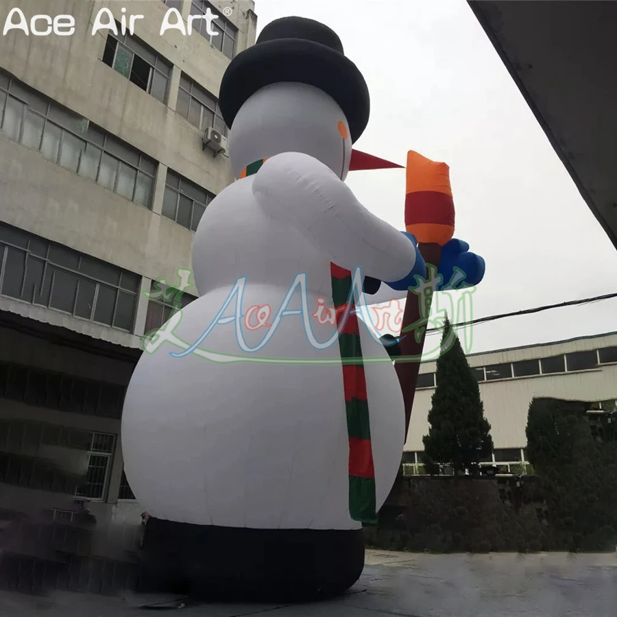 Giant Inflatable Christmas Snowman Cartoon Model with Crutches and Hat for Festival Decoration or Parties