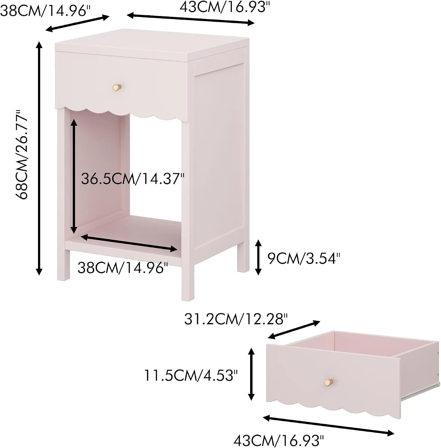 Cute Nightstand with Drawer, Scalloped Bedside Table, Pink