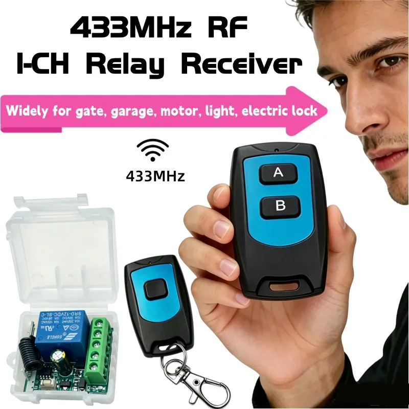 1CH 433MHz RF Relay Receiver Wireless Remote Control Switch with Keychain Transmitter for Garage Gate Motor Light 12V 24V System