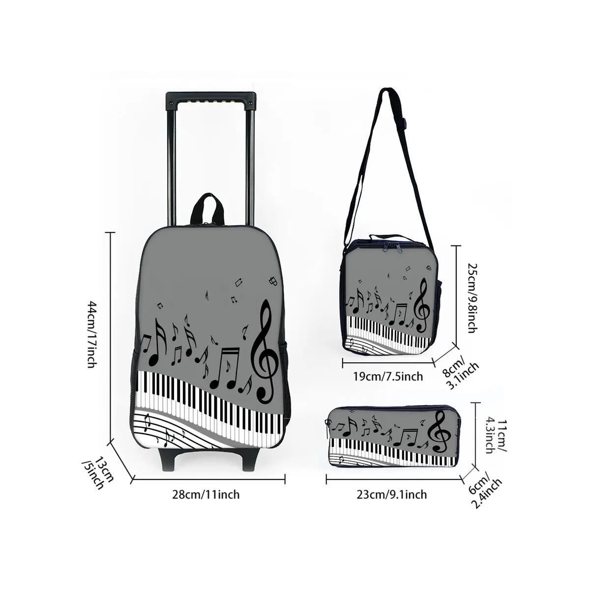 Piano Note Print Children's Wheeled Rolling Bag Set with Lunch Box Pen Bag with Wheels School Trolley Backpack Bag for Girl/Boys
