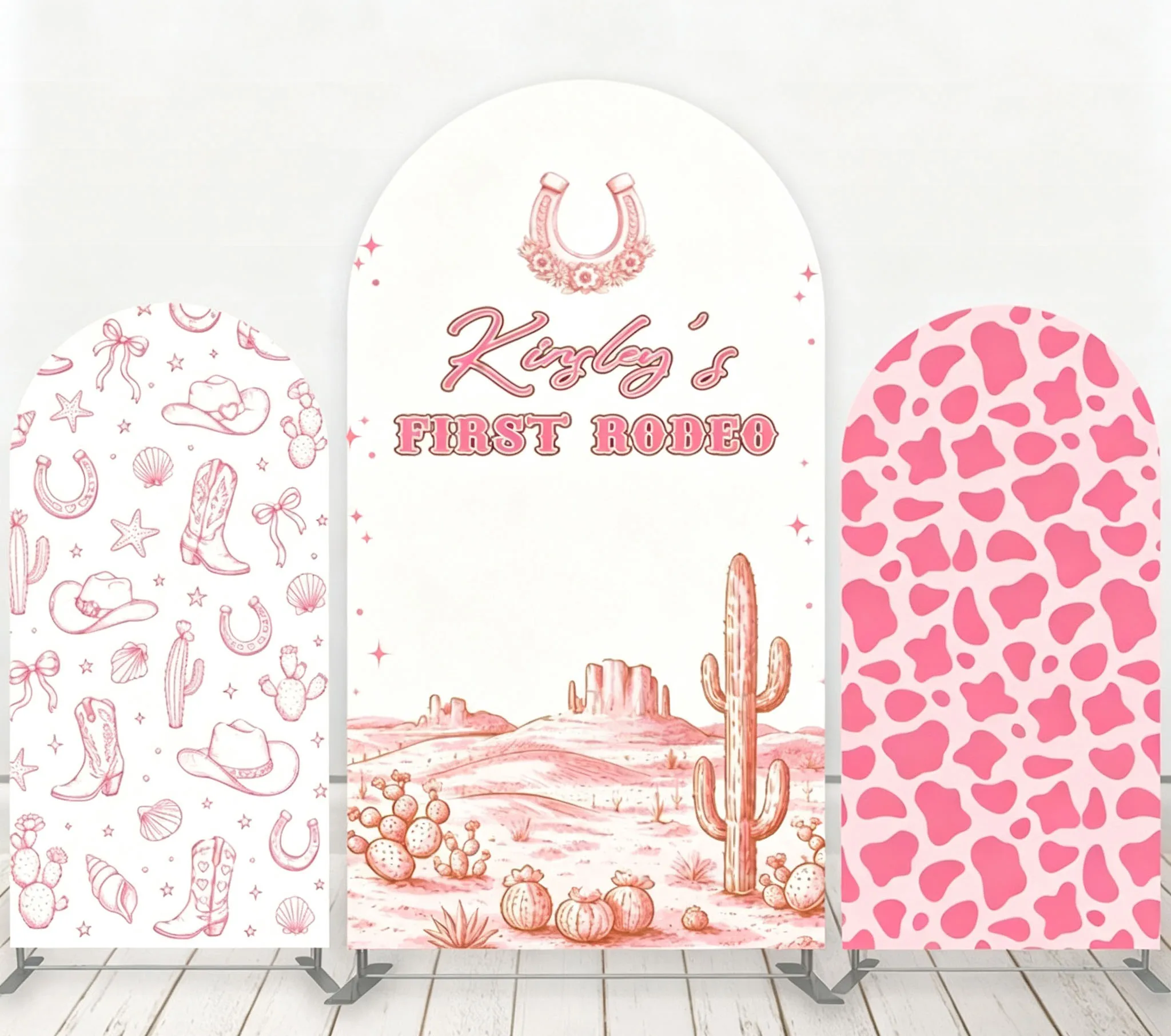 Custom 2-Side First Rodeo Cowgirl Baby Shower Arch Backdrop Cover Pink Cowgirl Cactus Custom Name Birthday Party Decor Backdrop
