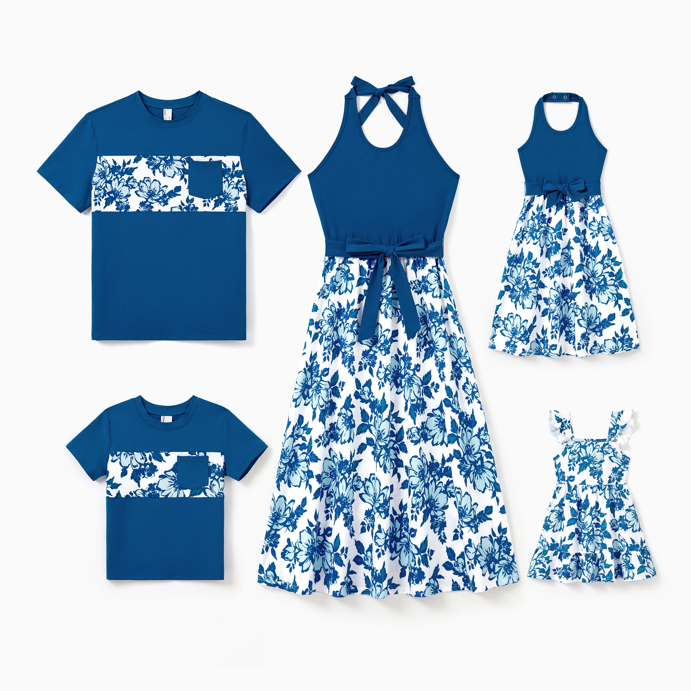 

PatPat Family Matching Outfits Blue Floral Summer Clothes Halter Dress, or Colorblock T-Shirt Coordinated Look