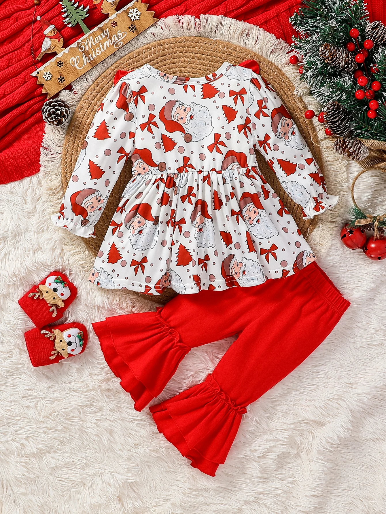 2024 New Baby Gilrs Long Sleeve Print Father Christmas Top+ Long Trouser For 1-3Y Christmas Clothing Set