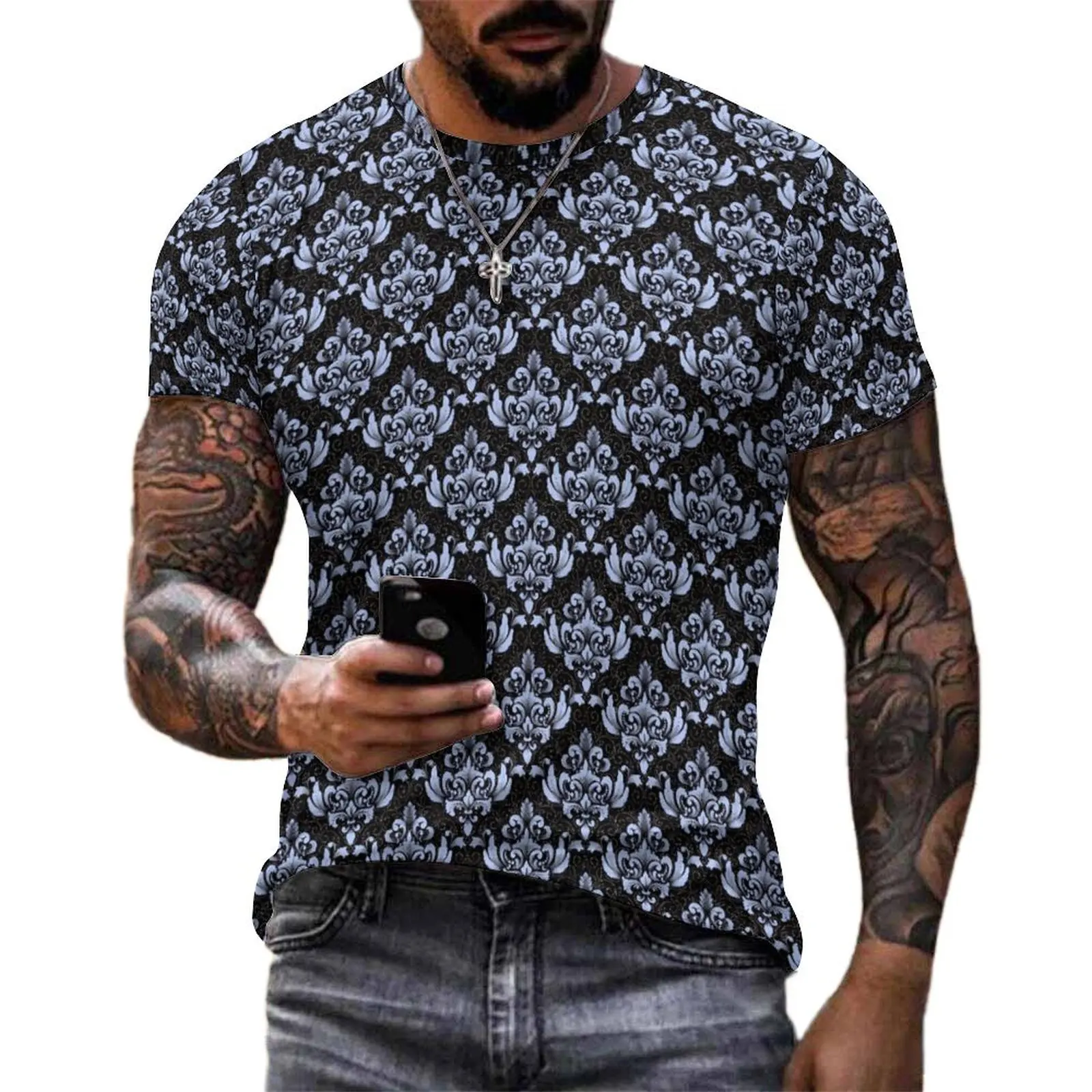 Summer T-Shirt Blue Damask T Shirts Retro Print Aesthetic Vintage Tee Shirt For Male Short Sleeve Custom Oversize Clothing