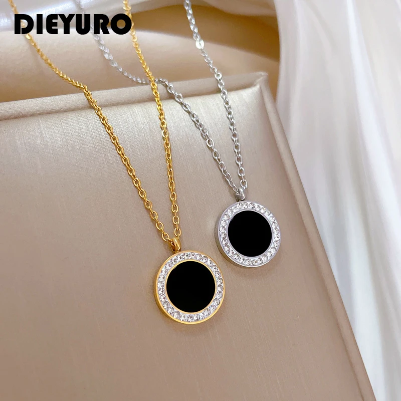 

DIEYURO 316L Stainless Steel Round Black Stone Pendant Necklace For Women Girl New Fashion Clavicle Chain Jewelry Gift Party