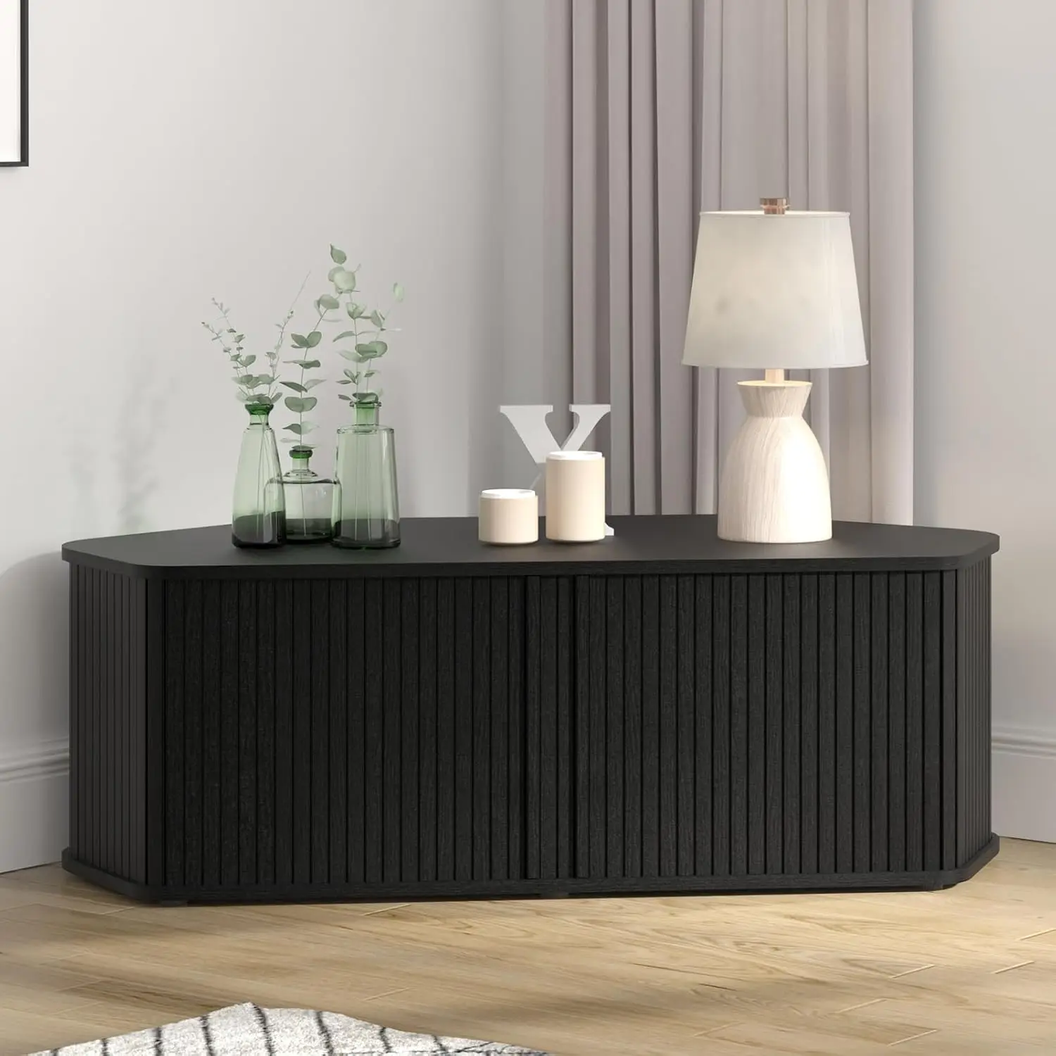 43 Inch Corner TV Stand, Mid Century Corner Entertainment Center with Sliding Tambour Door, Media Console Table 2 Layers Storage