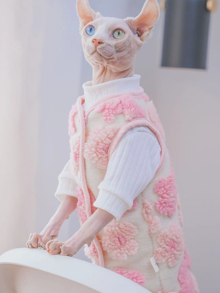 Warm Sweater Vest for Sphynx Cat Hairless Cat Clothes Sweet Pink Coat in Winter Coat Thicken Fleece Jacket for Kittens