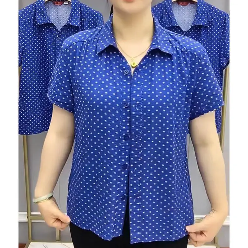 Women\'s Short Sleeve Casual Polka Dot Printed Shirt Summer Female Clothing Fashion Loose Turn-down Collar Single-breasted Blouse