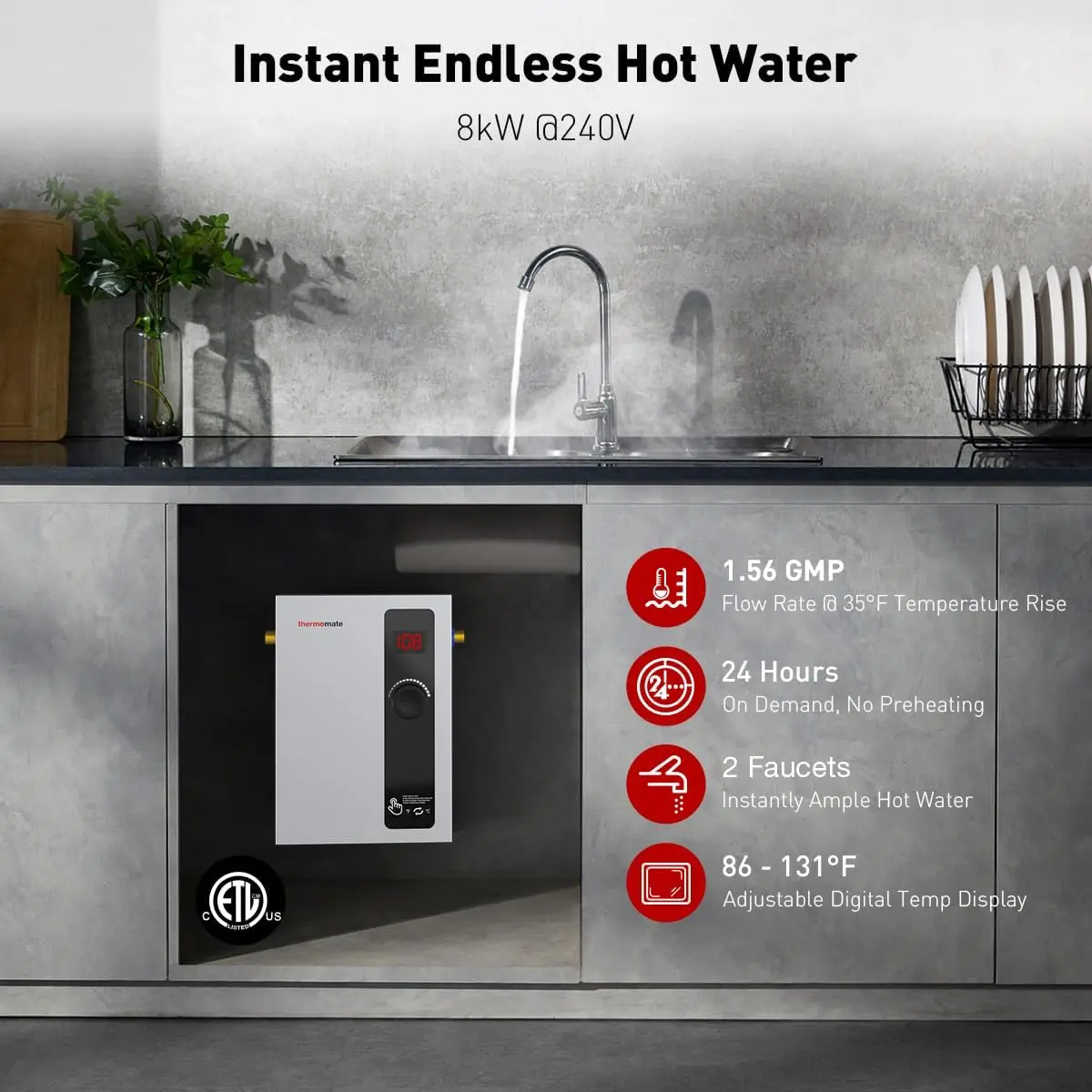 Tankless Water Heater Electric, 8kW at 240 Volt, On Demand Instant Hot Water Heater for Point of Use