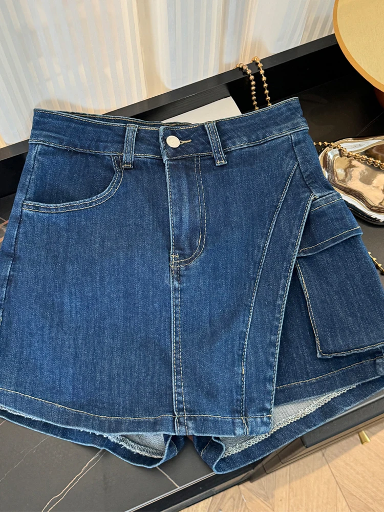 

Women's design sense fake two-piece pants skirt high waist A-line elastic denim sexy spicy girl half skirt shorts summer Y2K