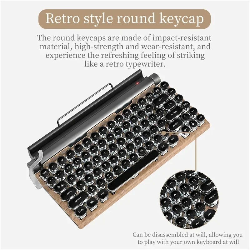 

Typewriter Keyboard 83 Keys Vintage Wireless Mechanical RGB Keyboard with Metal Round Blue Switch ﻿For Desktop PC/Laptop/Phone