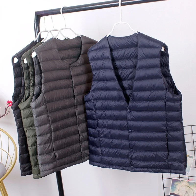 

Men Light Down Vest Casual Waistcoat White Duck Down Jacket Male V-neck Sleeveless Coat Liner Vest