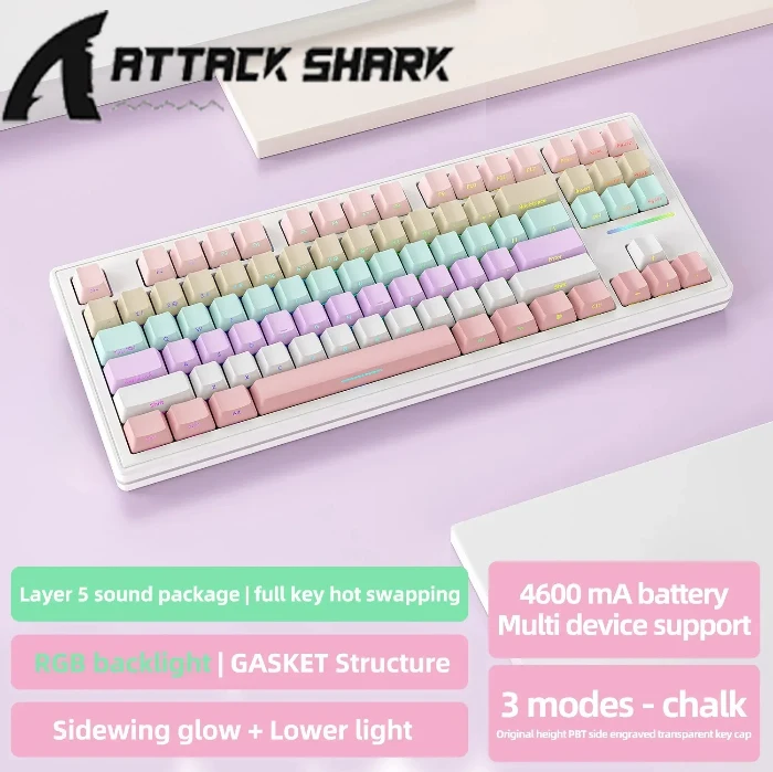 

Проводная механическая клавиатура Attack Shark M87, проводная прокладка RGB-подсветки, функция с возможностью горячей замены, колпачки для клавиш из ПБТ, колпачки для клавиш с боковой гравировкой