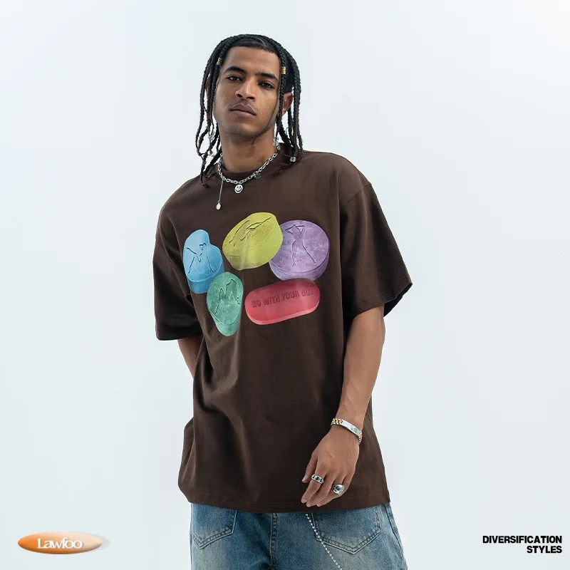 Original Summer and Autumn American Street Heavyweight Pure Cotton Five-Color Printed Round Neck Couple Tops for Men Women