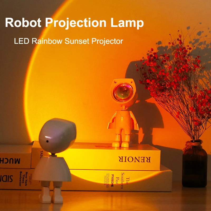 Astronauta Robot lampada di proiezione LED arcobaleno tramonto proiettore luce notturna ricaricabile/spina USB per la decorazione della parete della fotografia della stanza