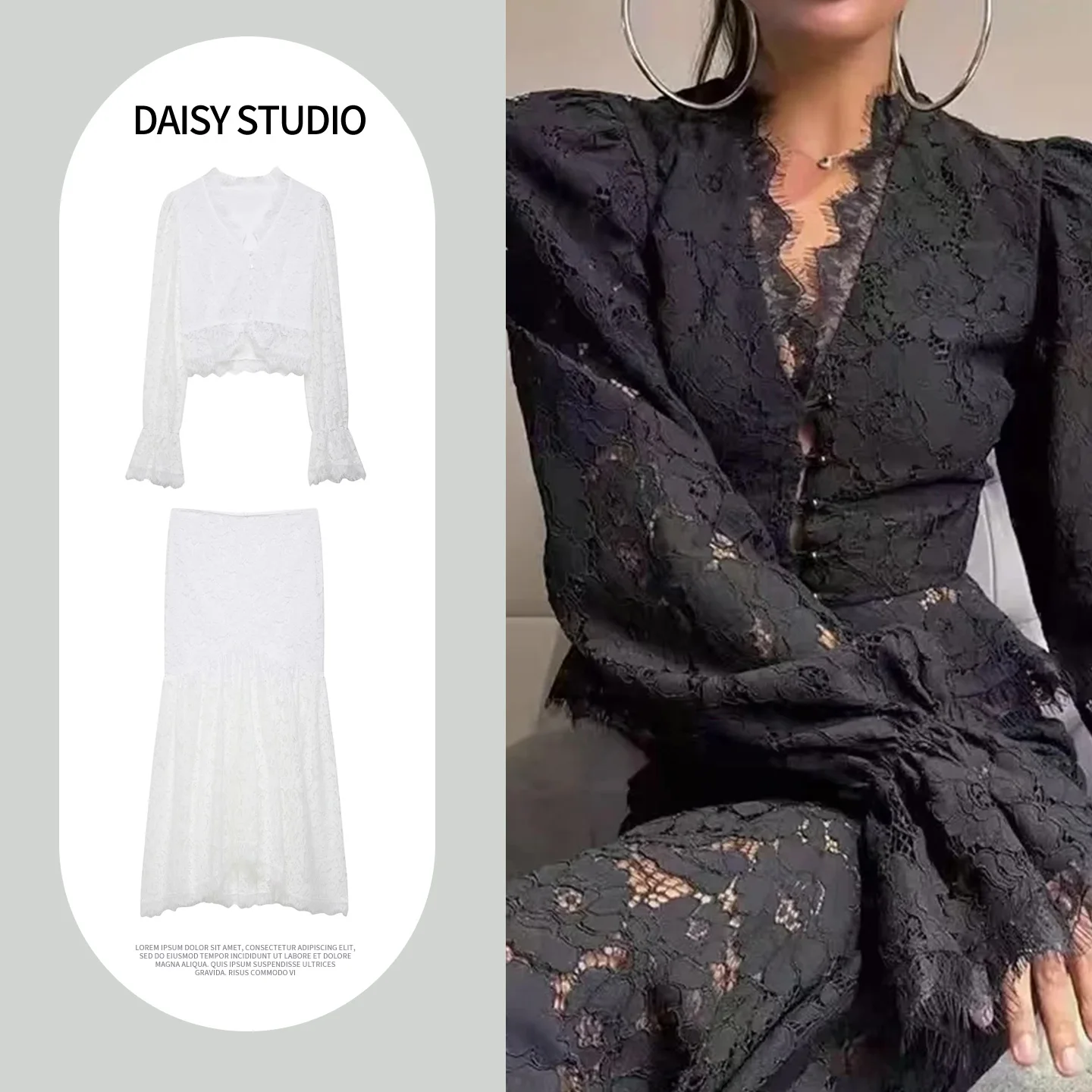 

Spring New Arrival Women's Lace Long Sleeve V-Neck Slim Fit Skirt Set Mid-Length Design Hollow out Detail Fashionable Ensemble