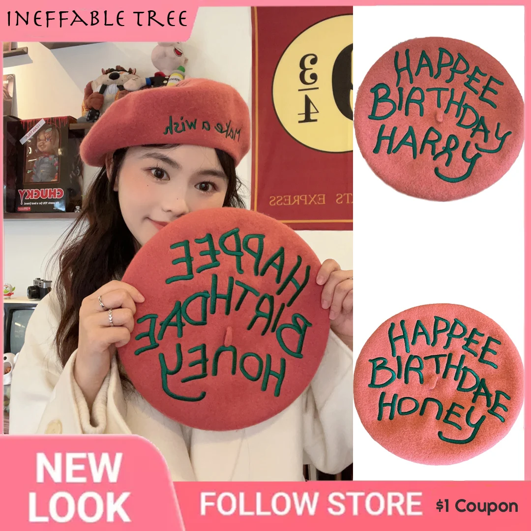 

Japanese Sweet Beret Embroidery Happy Birthday Hats for Women Pink Senior Wool Hat Temperament Painter Cap Present Boinas