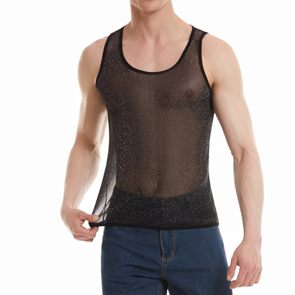 Men Shiny Mesh Muscle Vest Sexy See-Through Undershirt Male Gym Fitness Tank Tops Soft Transparent Undershirt Sleeveless T-shirt