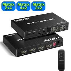 4K 60Hz HDMI Matrix Switcher 4x2 2x4 2x2 Matrix HDMI Video Switch Splitter 2 in 4 out with Optical & R/L Audio Out for PC Loptop