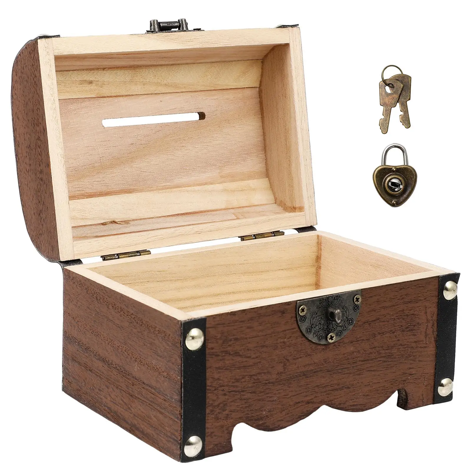 Vintage Wooden Treasure Chest Piggy Bank Coin Storage Box with Lock for Adults Baby Savings Safe Money Banks Home Office