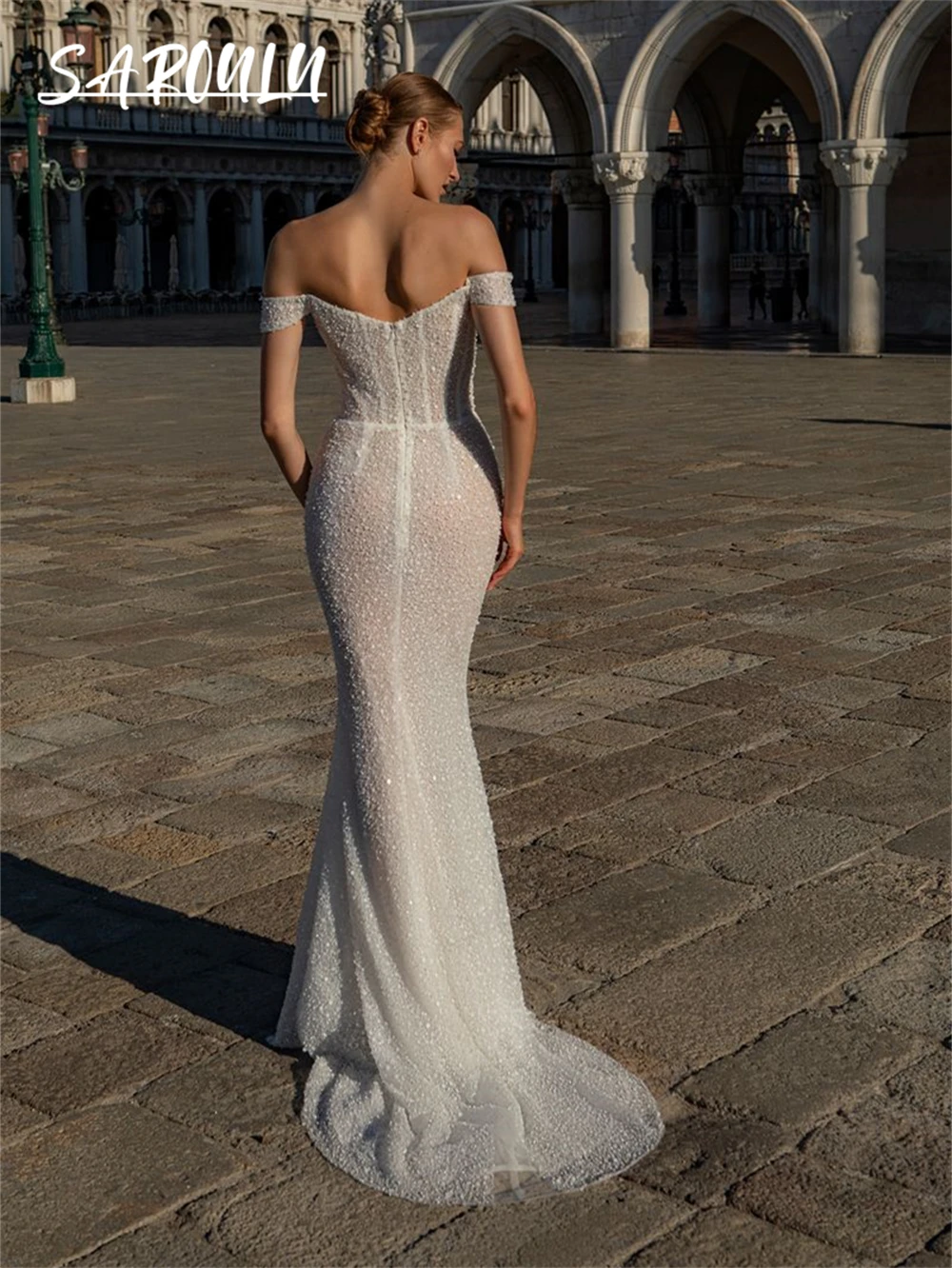 Vestido de novia de lujo con purpurina y cola de capa desmontable, vestidos de novia largos con volantes de tul, personalizados, con hombros descubiertos