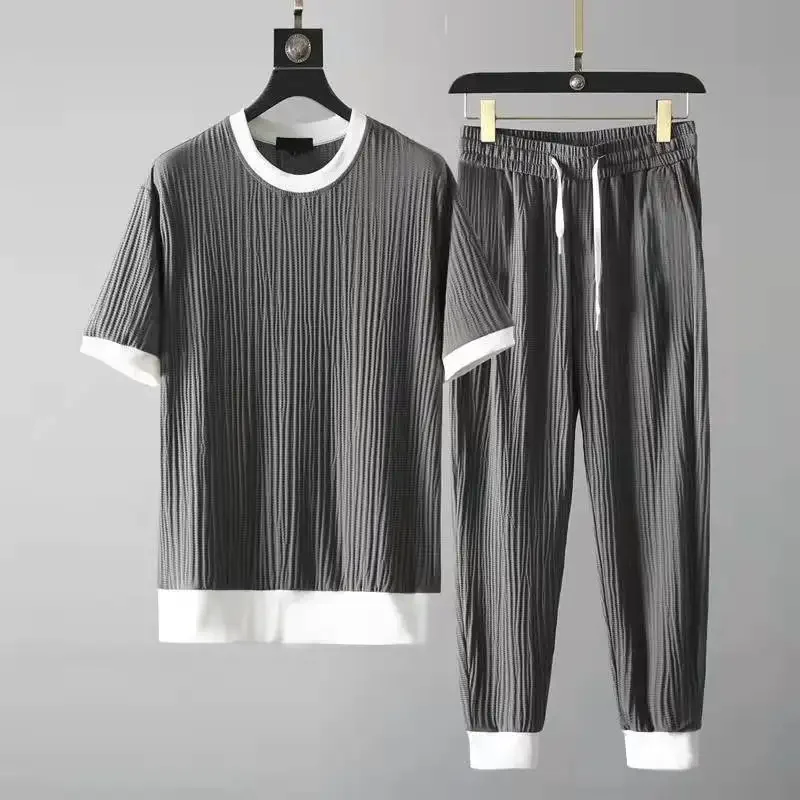 Summer Casual Suit Men's 2025 New Round Neck Elastic Breathable Pleated Short-sleeved Nine-point Pants Thin One Set