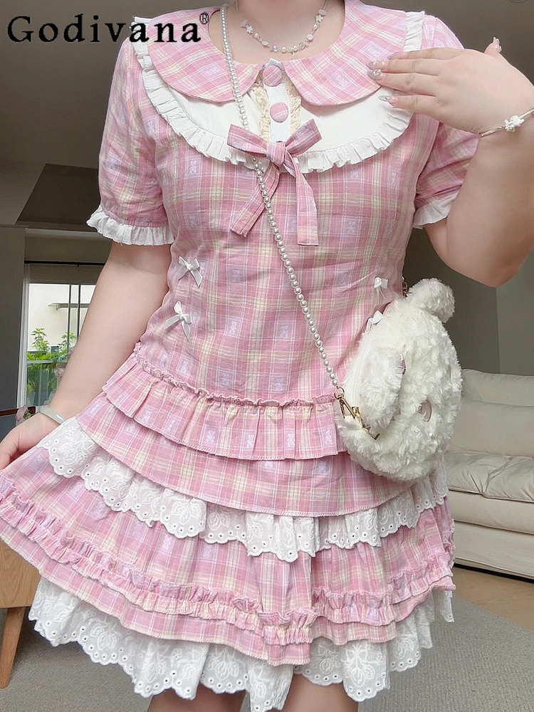 

Large Size Girl Peter Pan Collar Summer New Sweet Bow Short Sleeve Top Cute Plaid Ruffles Lace Japanese Age-reducing Cake Skirt