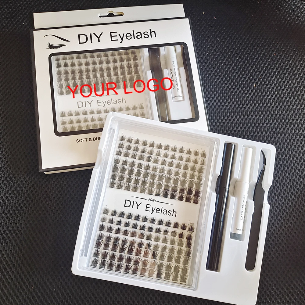 Private Label DIY Cluster Fake Lashes Kit Benutzerdefinierte natürliche Wimpernverlängerungszubehör Falsche Wimpern Set mit Kleber und Pinzette