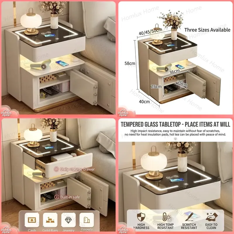 Modern Luxury Solid Wood Bedside Table with Tempered Glass Top Wireless Charging Touch LED Lamp Built-in Safety Cabinet for