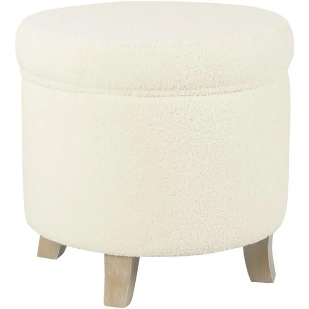 Round Transitional Faux Sheepskin Fabric Storage Ottoman Home Décor|Upholstered Round Foot Rest Ottoman- Light Cream Lar