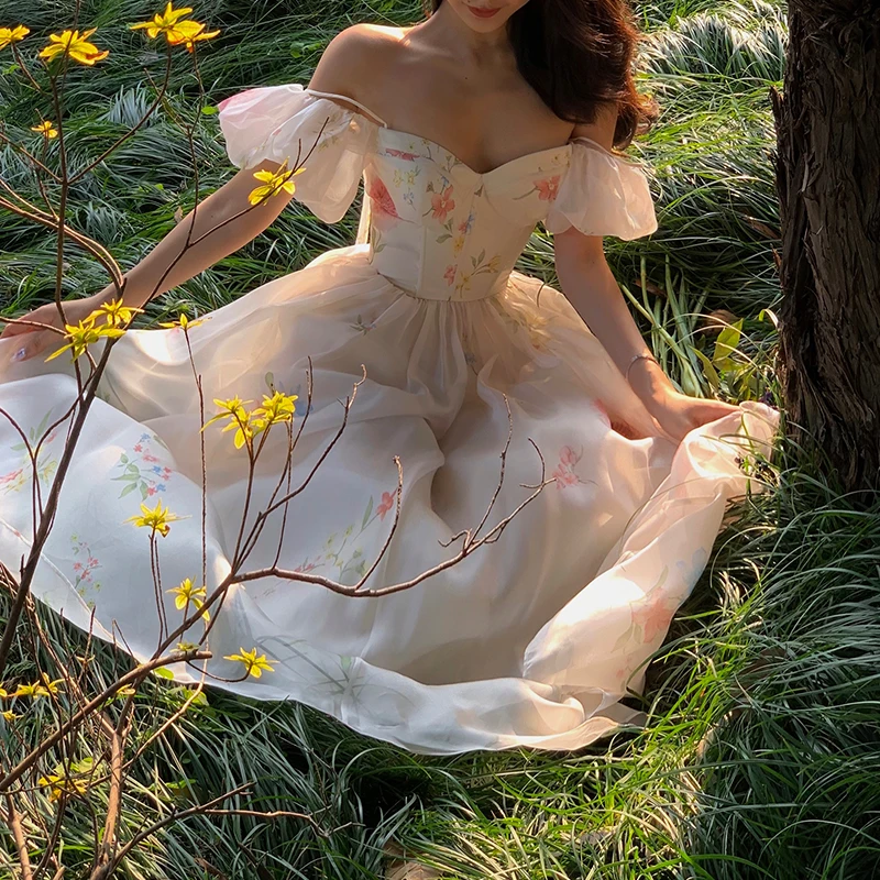 One Shoulder Bubble Sleeve Suspender Floral Dress Summer 2025 French Style Long Skirt Children Evening Dresses Elegantes Prom