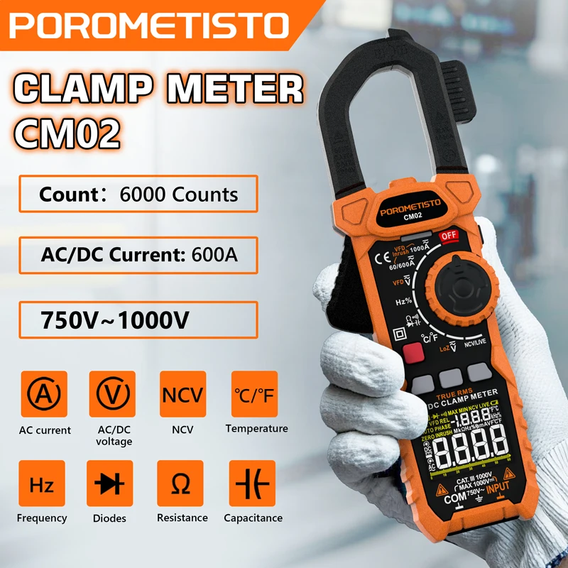 

POROMETISTO CM02 Digital Clamp Meter AC/DC Current 1000A True RMS Multimeter High Precision Capacitance NCV Ohm Hz Test Ammeter