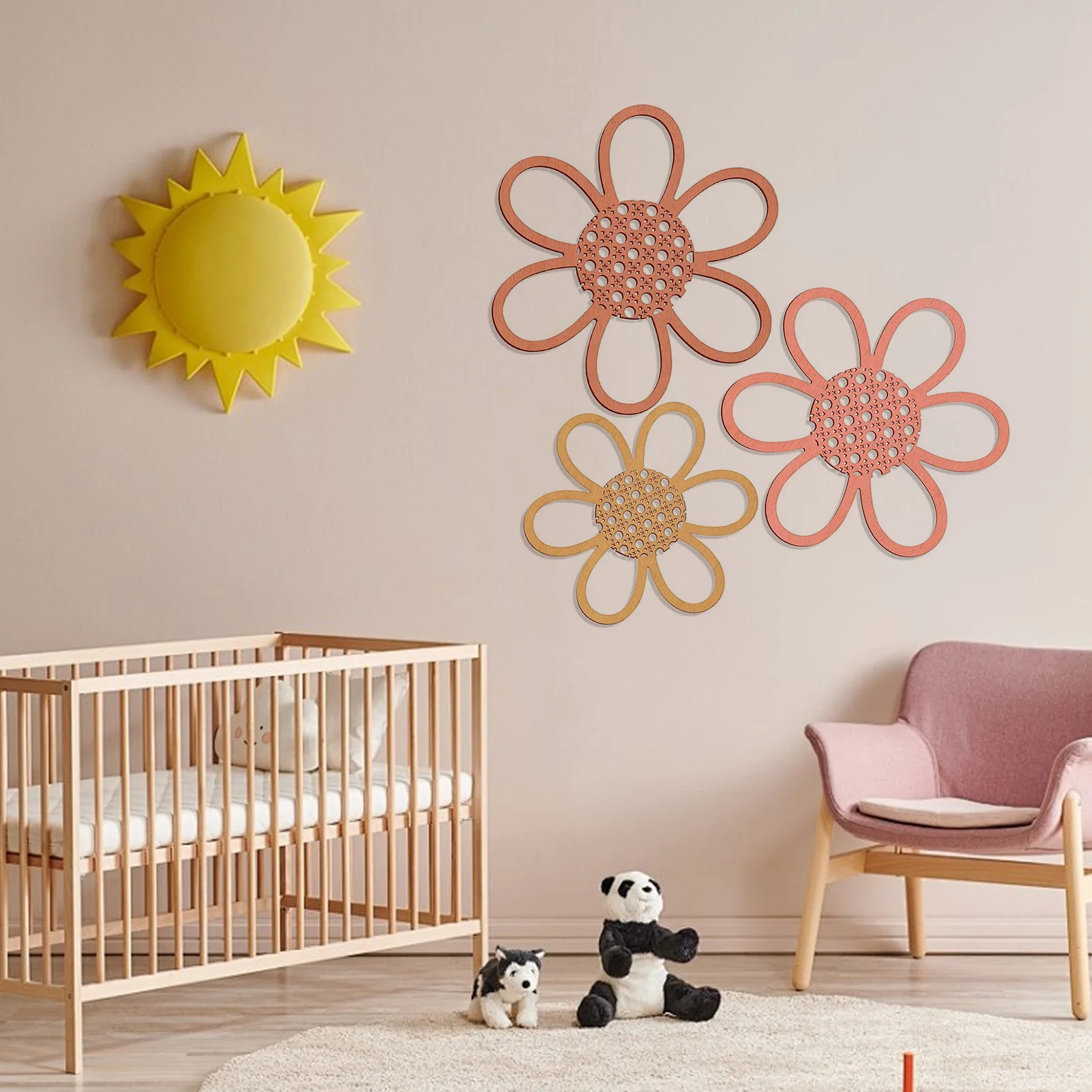 3pcs Boho Daisy Wooden Wall Decor Rattan-Inspired Flower Wall Art Bohemian Hollowed Floral Wall Hanging for Nursery Living Room