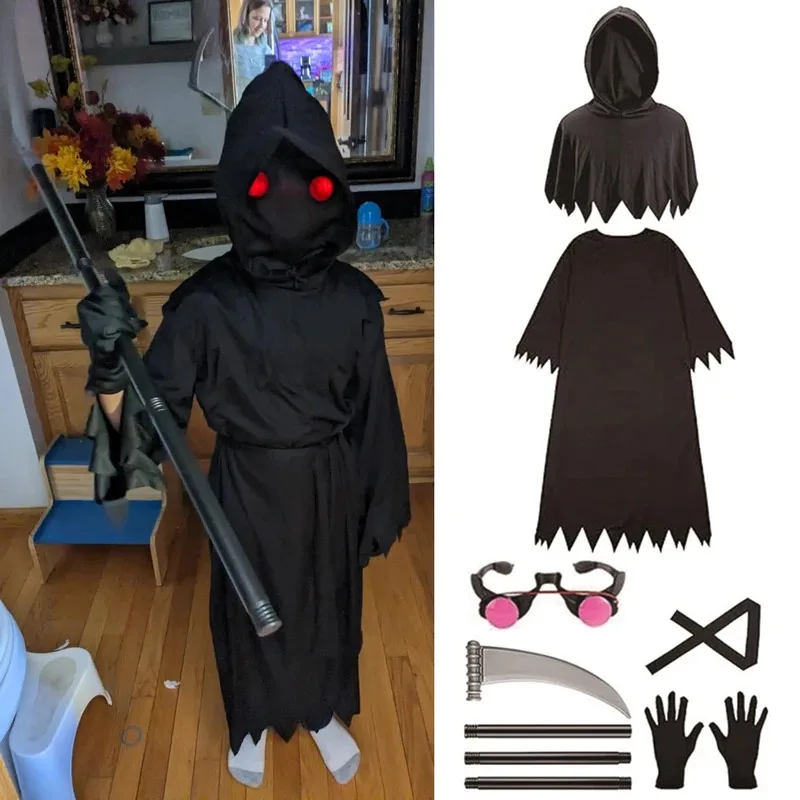 

Grim Reaper Halloween Spooky Costume Children Cosplay Robe with Glow Red Eyes Death Scythe Party Scary Clothes