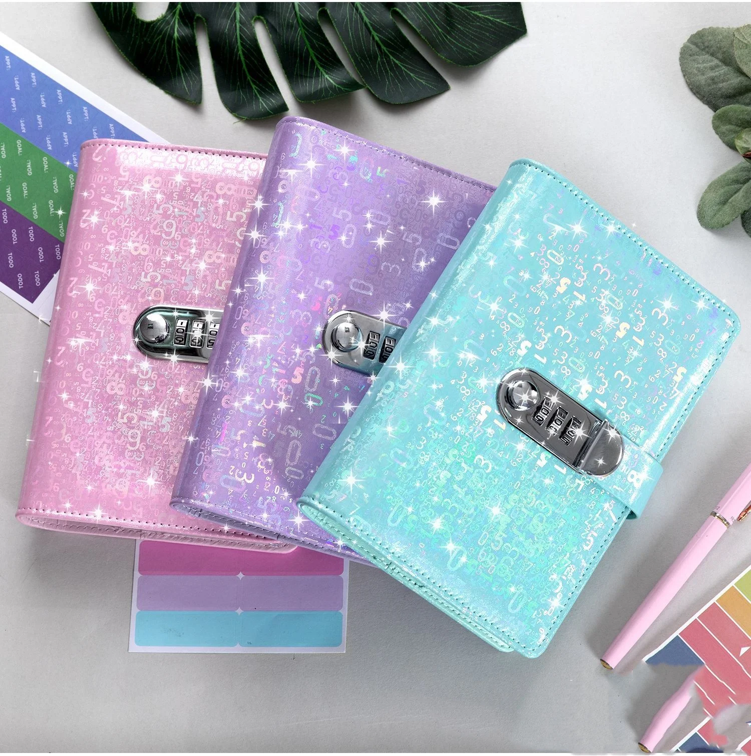 A6 Laser Coded lock PU Clip-on Notebook Leather Loose Leaf Notebook Cover Notebooks Journal Kawaii Stationery